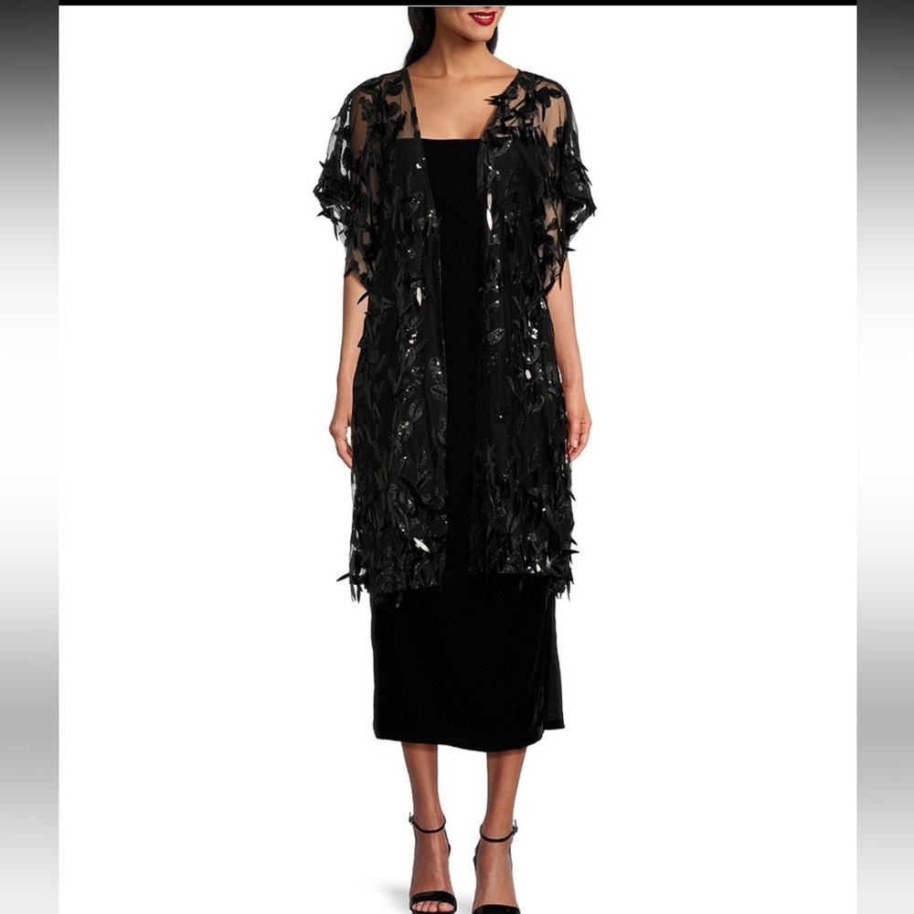 Cezanne black sequin feather Ruana Shawl cover up jacket one size